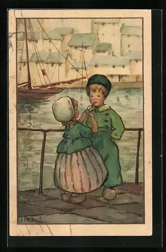 Künstler-AK I.M.J.: Kinder am Hafen mit Zigarette
