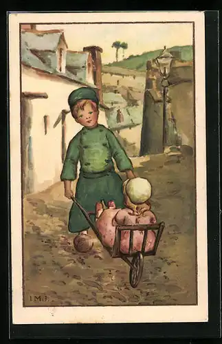 Künstler-AK I.M.J.: Junge fährt kleines Mädchen in Schubkarre