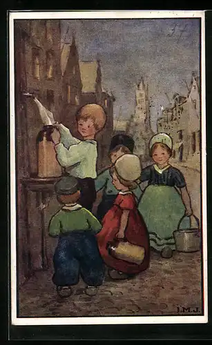 Künstler-AK I.M.J.: Kinder befüllen Gefässe mit Wasser