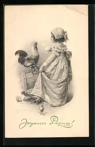 Künstler-AK H. Schubert: Mädchen mit Palmzweigen und Hahn