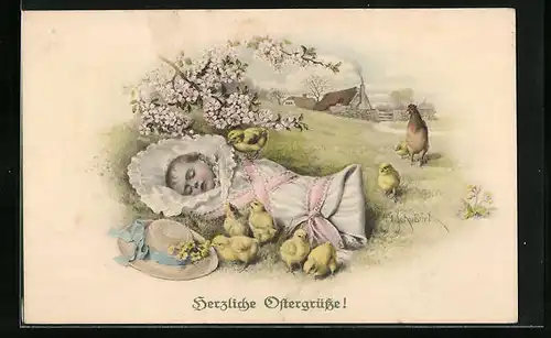 Künstler-AK H. Schubert: Ostergrüsse, Baby mit Kücken
