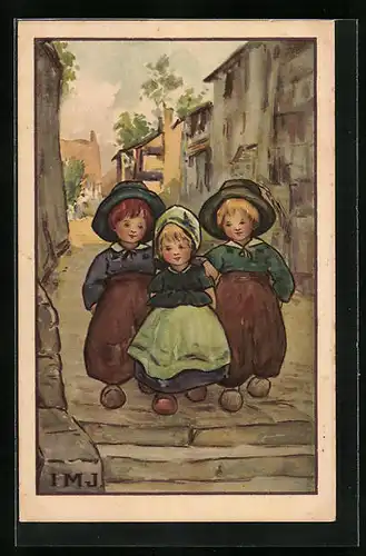Künstler-AK I.M.J.: Freudige Kinder die Strasse entlang gehend