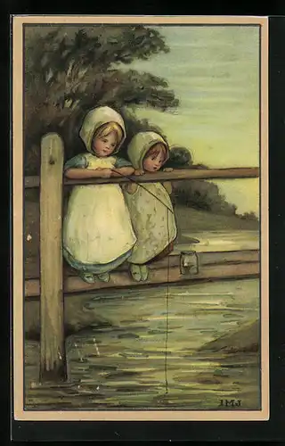 Künstler-AK I.M.J.: Zwei Mädchen angeln am Fluss