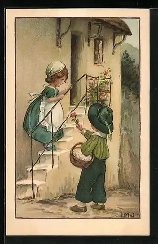 Künstler-AK I.M.J.: Junge überreicht Mädchen eine Blume an der Treppe
