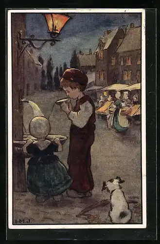 Künstler-AK I.M.J.: Junge mit Mädchen am Trinkbrunnen