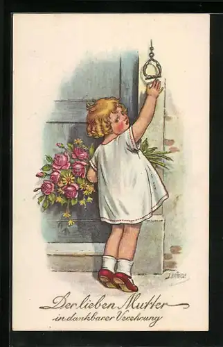 Künstler-AK Kränzle: Mädchen mit Blumenstrauss an Haustür