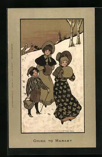 Künstler-AK Ethel Parkinson: Going to Market, Damen im Schnee auf dem Weg zum Markt