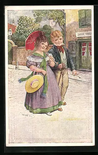 Künstler-AK Kränzle: Verliebtes Pärchen auf der Strasse