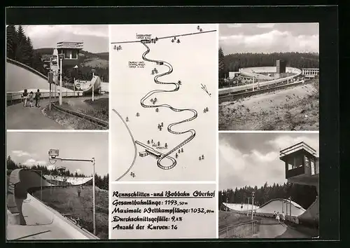 AK Oberhof, Rennschlitten- und Bobbahn mit Blick über die Bahnen