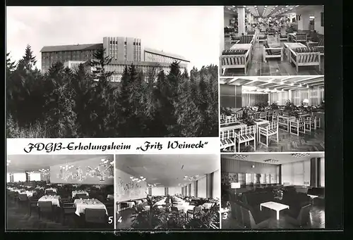AK Oberhof /Thür. Wald, FDGB-Erholungsheim Fritz Weineck, Empfangshalle, Restaurant und Leseraum