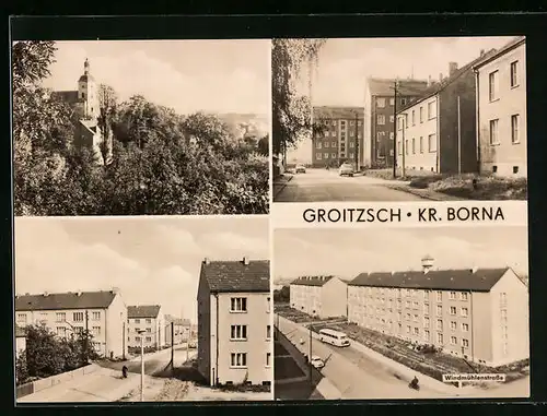 AK Groitzsch /Kr. Borna, Strassenpartien mit Neubauten, Kirche