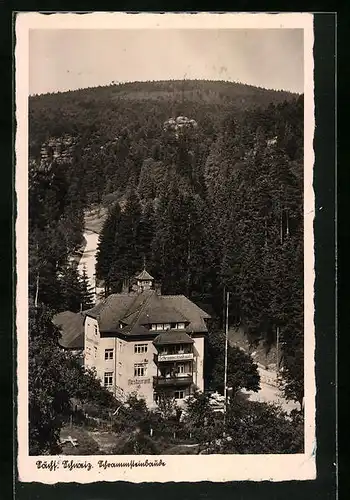 AK Bad Schandau /Sa., Schrammsteinbaude aus der Vogelschau