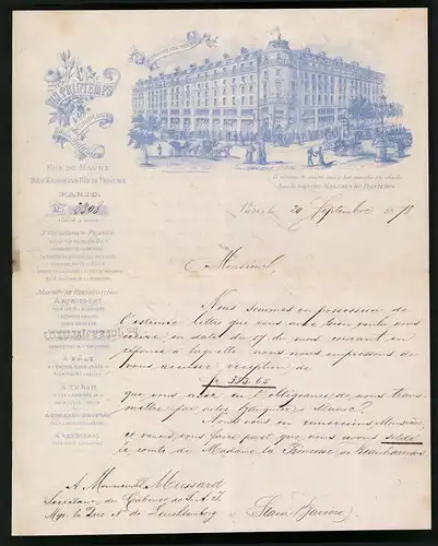 Rechnung Paris 1878, Au Printemps, Rue du Havre, Strassenpartie mit Geschäftsgebäude, Litfasssäule
