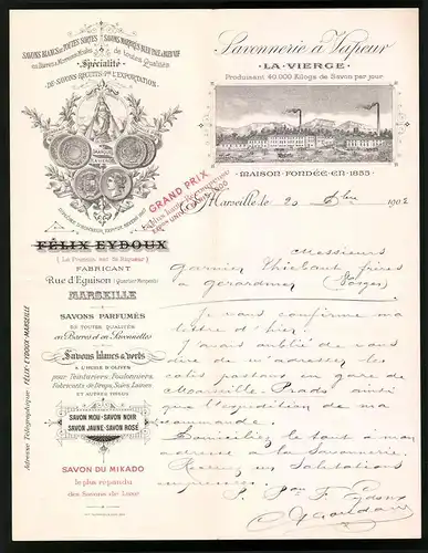 Rechnung Marseille 1903, Savonnerie a Vapeur Felix Eydoux, Blick auf das Werk, Medaillen