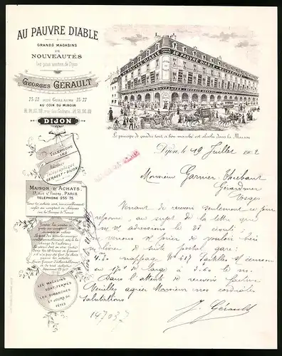 Rechnung Dijon 1902, Au Pauvre Diable, Georges Grault, Rue Guillaume 75-77, Geschäftshaus, Strassenbahn