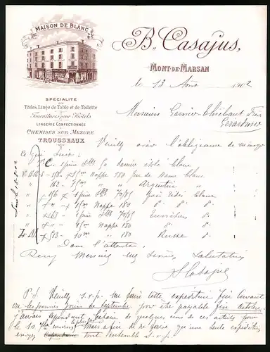 Rechnung Mont-de-Marsan 1902, Maison de Blanc, B. Casajus, Blick auf das Hotel