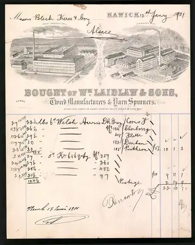 Rechnung Hawick 1901, Tweed Manufacturers & Garn Spinners, Bought of W. Laidlaw & Sons, Werksgebäude Lynnwood Mill