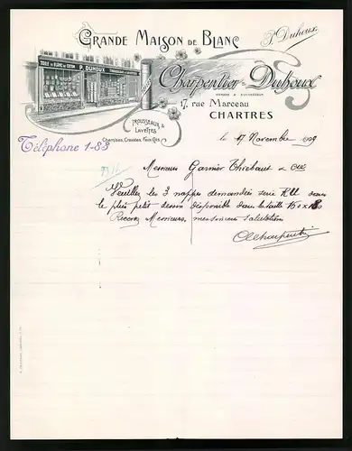 Rechnung Chartres 1909, Grande Maison de Blanc, Charpentier-Duhoux, Toiles et Blanc de Coton, Schaufenster des Geschäft