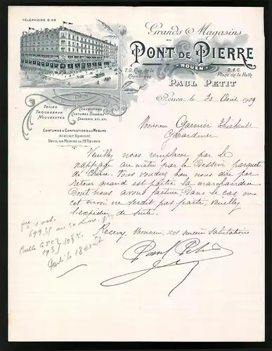 Rechnung Rouen 1909, Geschäftshaus Pont de Pierre, Paul Petit, Strassenpartie am Geschäftshaus mit Strassenbahn