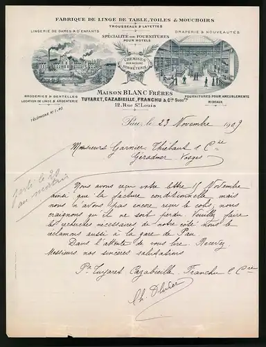 Rechnung Pau 1909, Fabrique de Linge de Table, Toiles & Mouchoirs Tuyaret Cazabieille, Franchu & Ci., Werk, Innenansicht