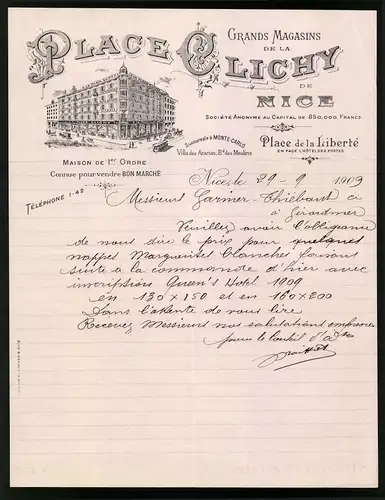 Rechnung Nice 1909, Grands Magasins de la Place Glichy, Geschäftshaus am Place de la Liberte