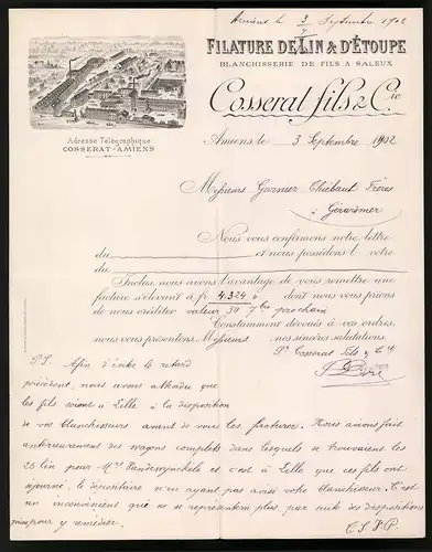 Rechnung Amiens 1902, Filature de Lin & D`etoupe, Cosseral fils & Cie., Werksansicht, Blanchisserie, Wäscherei