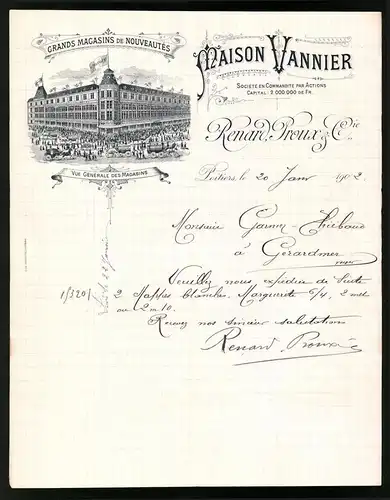 Rechnung Poitiers 1902, Maison Vannier, Renard Proux & Cie., Vue Generale des Magasins