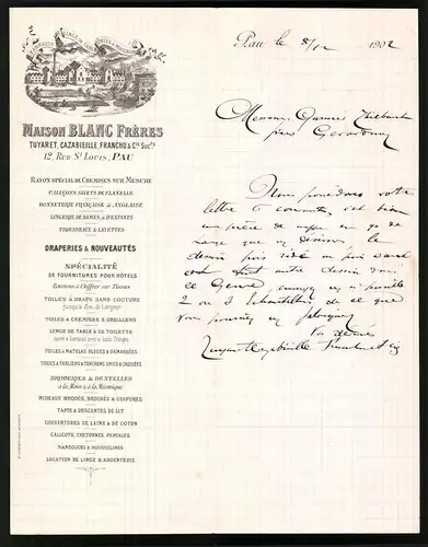 Rechnung Pau 1902, Maison Blanc Freres, Fabrique de Linge de Table, Toiles & Mouchoirs, Tuyaret Cazabieille, Werk