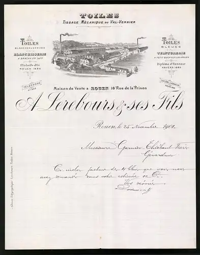 Rechnung Rouen 1901, Toiles, Maiosn de Vente, A. Lerebours & ses Fils, Werksansicht in der 16 Rue de la Prison