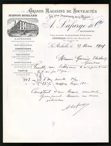 Rechnung La Rochelle 1901, Grands Magasins de Nouveautes, A. Lafarge & Cie., Maison Rolland, Verkaufshaus Rue des Mercie