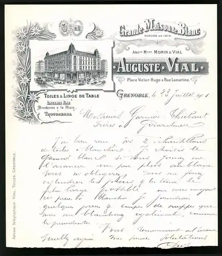 Rechnung Grenoble 1901, Grande Maison de Blanc, Auguste Vial, Toiles & Linge de Table, Geschäftshaus Place Victor Hugo
