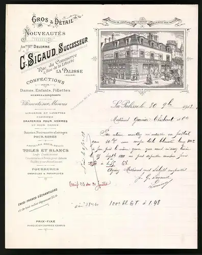 Rechnung Lapalisse 1913, Gros & Detail Nouveates, G. Sigaud Suc., Blick auf das Verkaufshaus in der Rue du Commerce