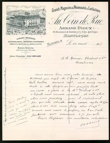 Rechnung Montlucon 1913, Grand Magasins de Nouveautes & Confections, Armand Dioux, Geschäfsthaus Blvd. de Courtais 90