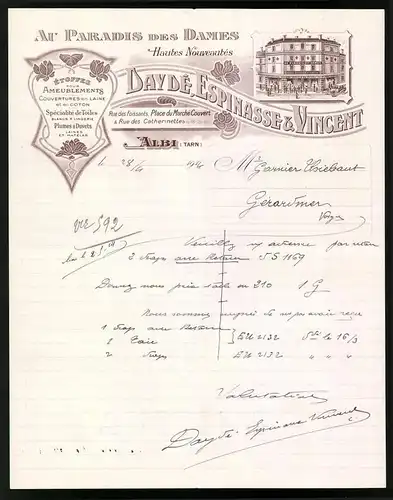 Rechnung Albi 1914, Au Paradis des Dames, Dayde, Espinasse & Vincent, Geschäftshaus Place du Marche Couvert