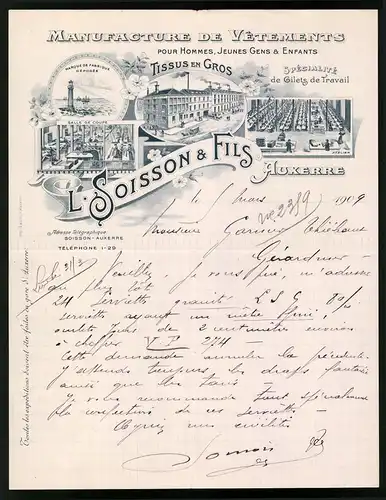 Rechnung Auxerre 1909, Manufacture de Vetements, Tissus en Gros, L. Soisson & Fils, Werk mit Innenansichten