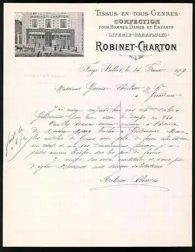 Rechnung Fayl-Billot 1909, Tissus en Tous Genres Confection, Robinet Charton, Blick auf das Geschäftshaus