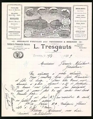 Rechnung Carentan 1909, Grand Magasins du Coin de Rue, Trousseaux & Mariages, L. tresgauts, Geschäfstansichten