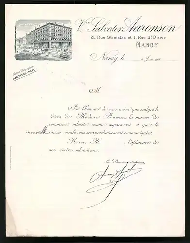 Rechnung Nancy 1903, Vve Salvator Aaronson, Geschäfstshaus in der Rue Stanislas et Rue St. Dizier 25, Strassenbahn