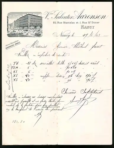 Rechnung Nancy 1903, Vve. Salvator Aaronson, Verkaufshaus in der Rue Stansilas el l Rue St. Dizier 25