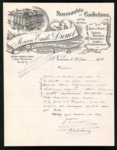 Rechnung Nemours 1914, Maison Emil Drouet, Nouveautes et Confections, Geschäfsthaus Boul. Poissonniere 14