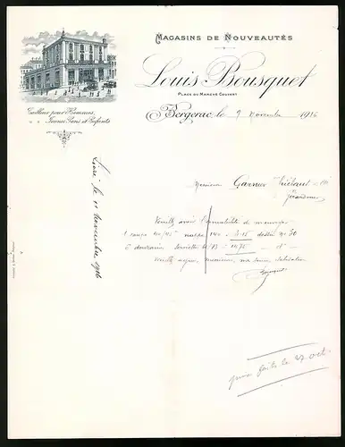 Rechnung Bergerac 1916, Magasins de Nouveautes, Louis Bousquet, Geschäftshaus am Place du Marche Couvert