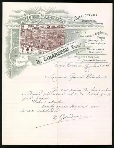 Rechnung Vitry-le-Francois 1916, Confections pour Hommes, Dames & Enfants, E. Girardeau Su., Geschäftshaus Rue du Marche