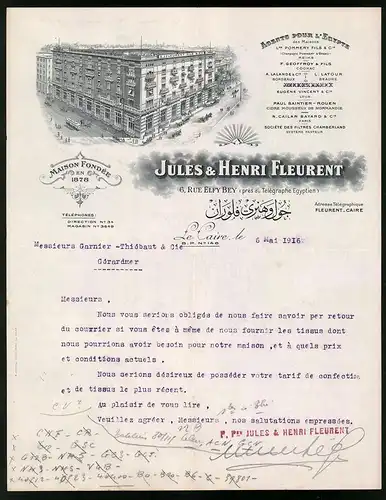 Rechnung Kairo 1916, Jules & Henri Fleurent, Rue Elfy Bey 6, Geschäfstshaus mit Strassenbahn