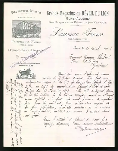 Rechnung Bone 1918, Grnads Magasins du Reveil du Lion, Geschäfstshaus am Cours Bertagna