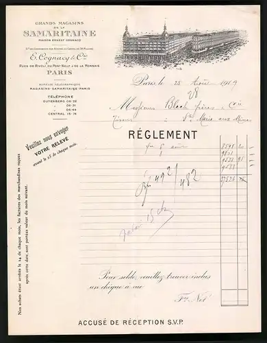 Rechnung Paris 1919, Grand Magasins de la Samaritaine, E- Cognacq & Cie., Verkaufshaus in der Rue de Rivoli