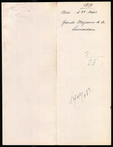 Rechnung Paris 1919, Grand Magasins de la Samaritaine, E- Cognacq & Cie., Verkaufshaus in der Rue de Rivoli