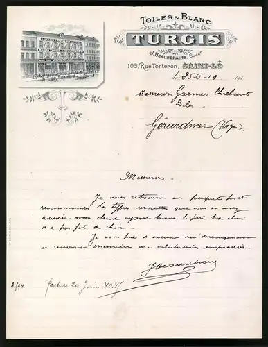 Rechnung Saint-Lô 1919, Toiles & Blanc, Turgis, J. Beauepaire Suc., Verkaufshaus in der Rue Torteron 105