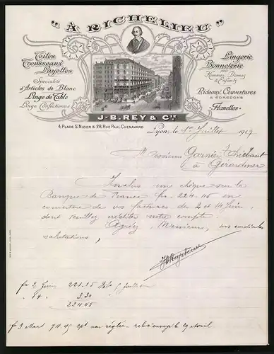 Rechnung Lyon 1919, Toiles Trousseaux Layettes, J. B. Rey & Co., A Richelieu, Verkaufshaus am 4 Place St. Nizier