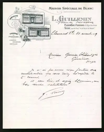 Rechnung Vichy 1919, Maison Speciale de Blanc, L. Guillemin, Schaufenster der Geschäfte