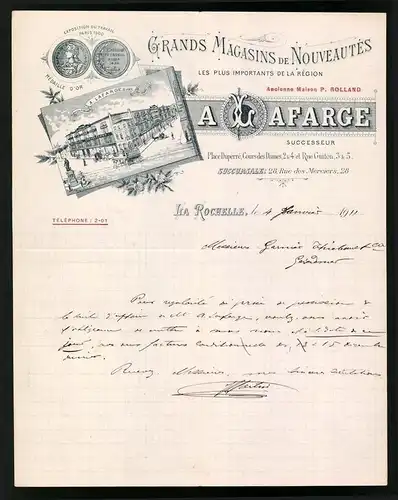 Rechnung La Rochelle 1911, Grands Magasins de Nouveautes, A. Lafarge Suc., Blick auf das Geschäftshaus mit Werbekarren